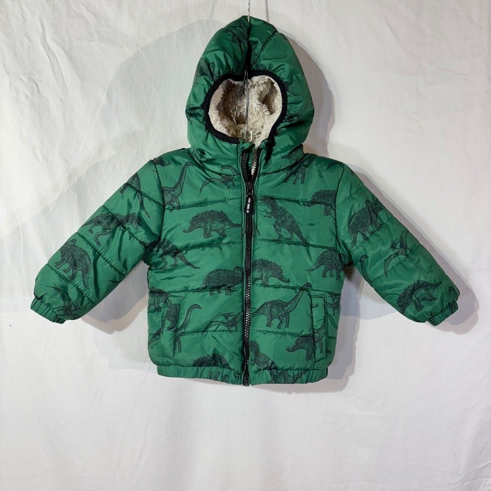 Osh Kosh Bgosh Jacket Baby‎ 12M Green Dinosaur Sherpa Lined Puffer Hooded